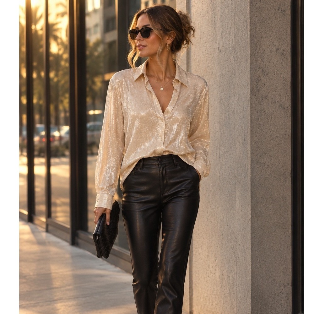 Entro Metallic Shimmer Button Down Blouse Champagne Oversized Top Small S